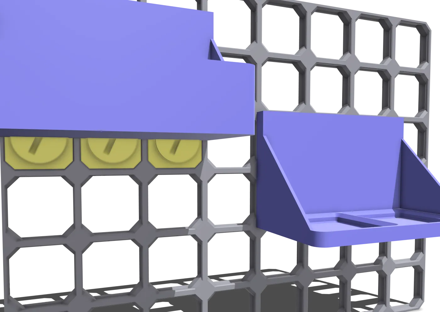 Gridfinity shelves in Multiconnect snaps.