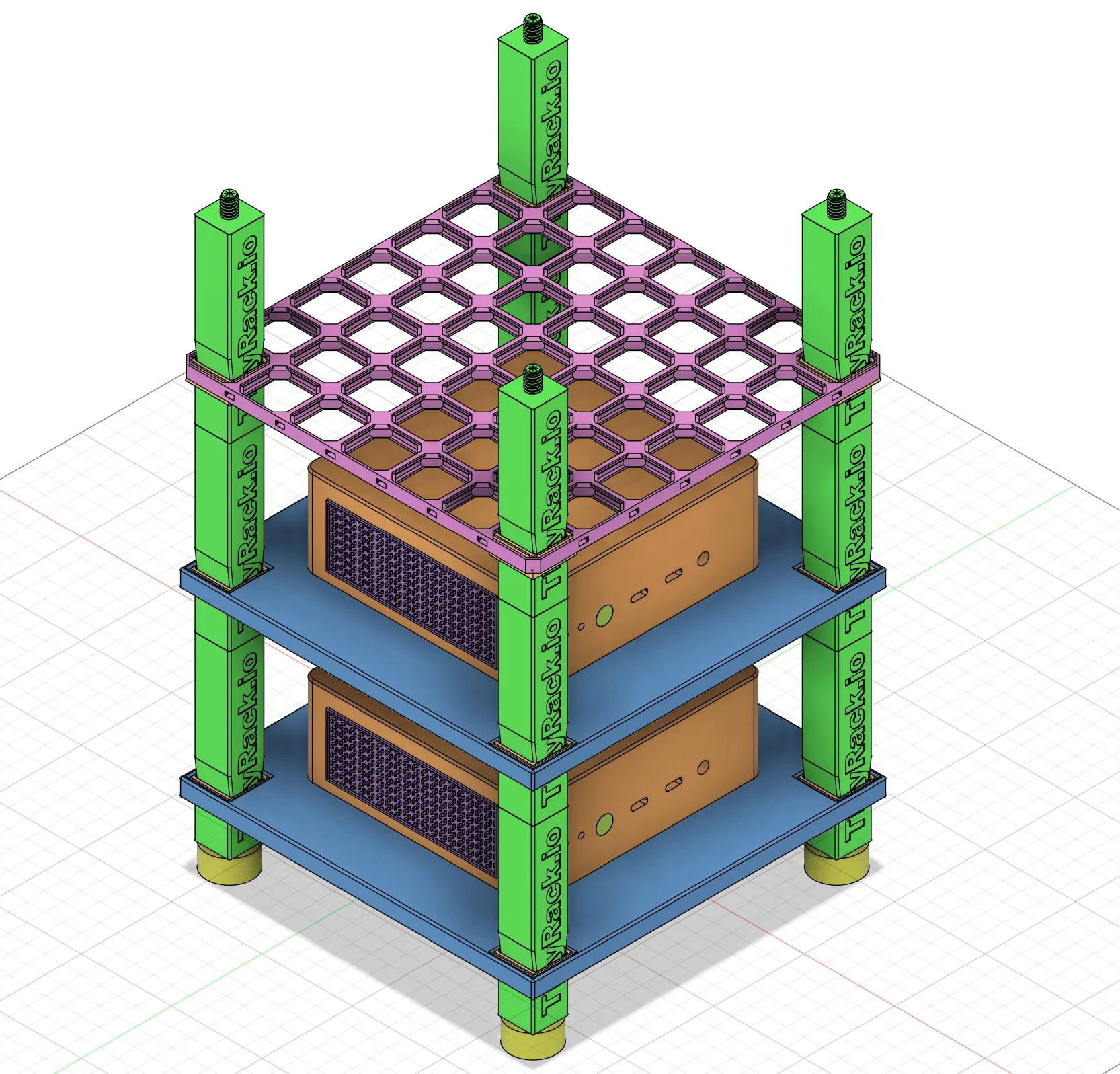 Assambly image of TinyRack with openGrid as one of the tier in the CAD model.